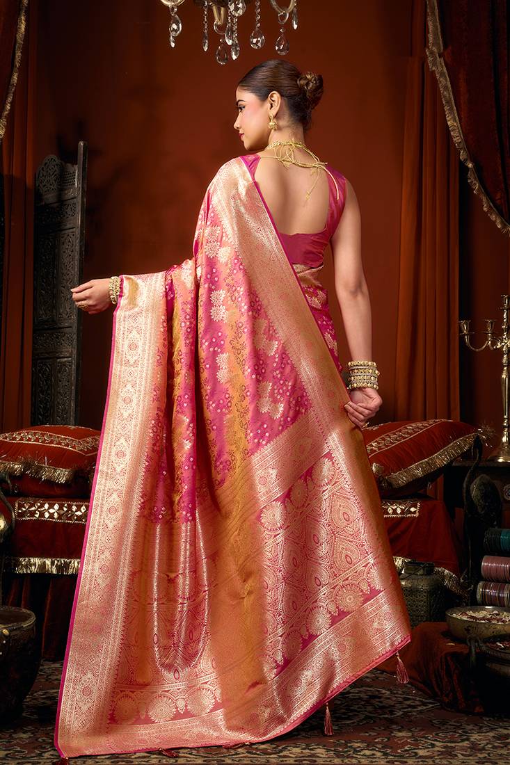 Rani pink jacquard silk blend saree with zari floral weave