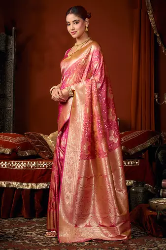 Rani pink jacquard silk blend saree with zari floral weave