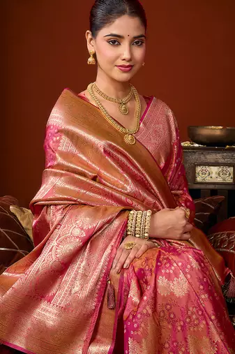 Rani pink jacquard silk blend saree with zari floral weave