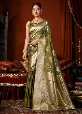 Olive green jacquard silk blend saree with zari floral weave 1