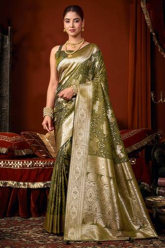Olive green jacquard silk blend saree with zari floral weave