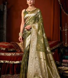 Olive green jacquard silk blend saree with zari floral weave
