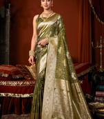 Olive green jacquard silk blend saree with zari floral weave