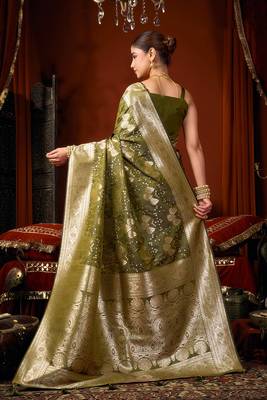 Olive green jacquard silk blend saree with zari floral weave 2