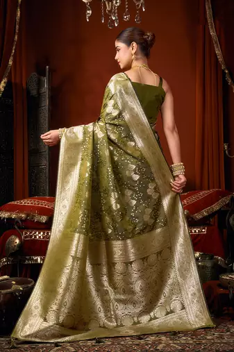 Olive green jacquard silk blend saree with zari floral weave