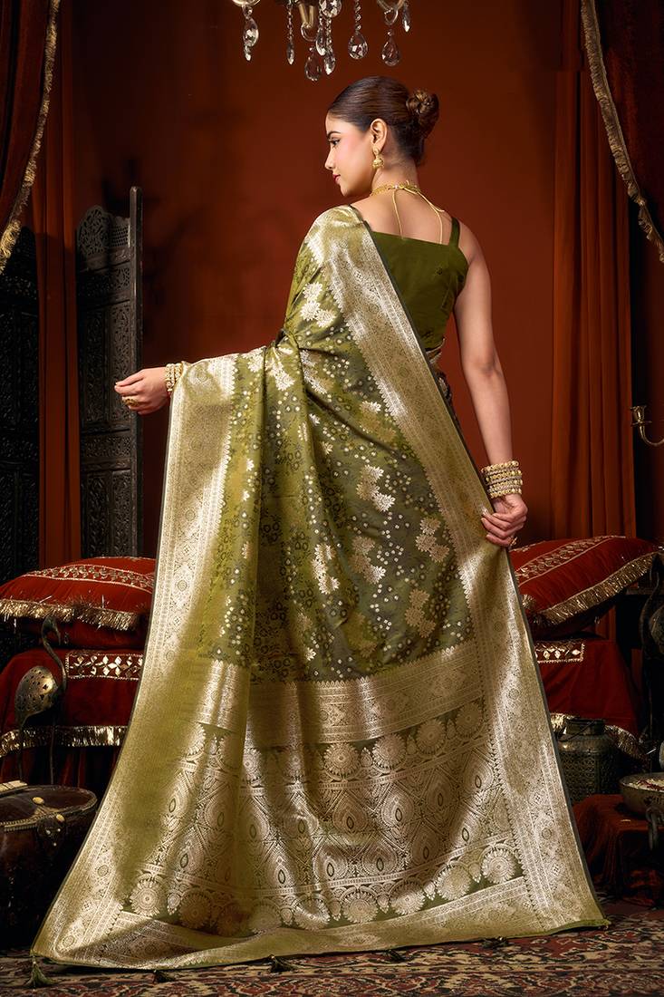 Olive green jacquard silk blend saree with zari floral weave