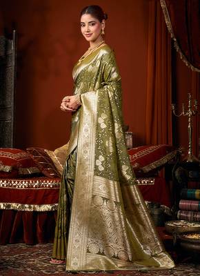 Olive green jacquard silk blend saree with zari floral weave 3