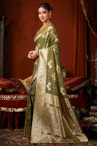 Olive green jacquard silk blend saree with zari floral weave