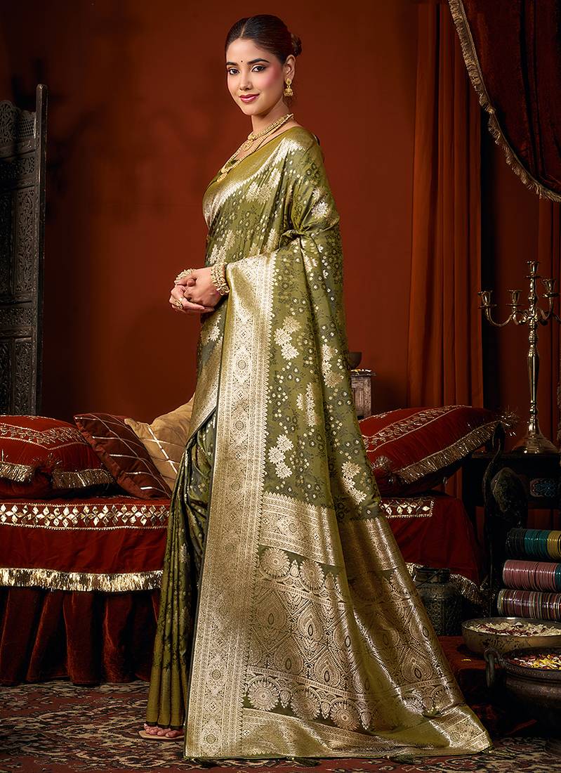 Olive green jacquard silk blend saree with zari floral weave