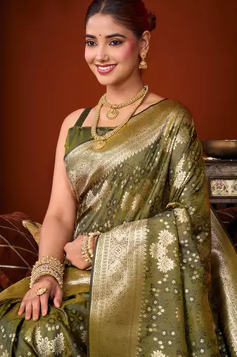 Olive green jacquard silk blend saree with zari floral weave