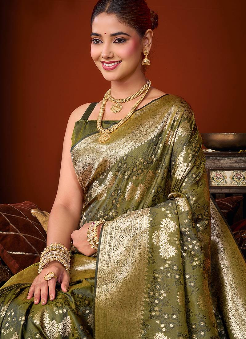 Olive green jacquard silk blend saree with zari floral weave