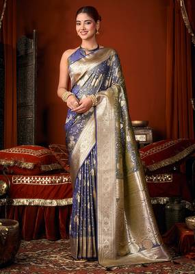 Dark grey jacquard silk blend saree with zari floral weave 1