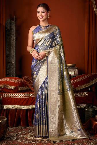 Dark grey jacquard silk blend saree with zari floral weave