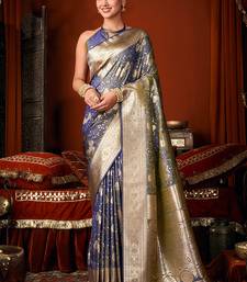 Dark grey jacquard silk blend saree with zari floral weave