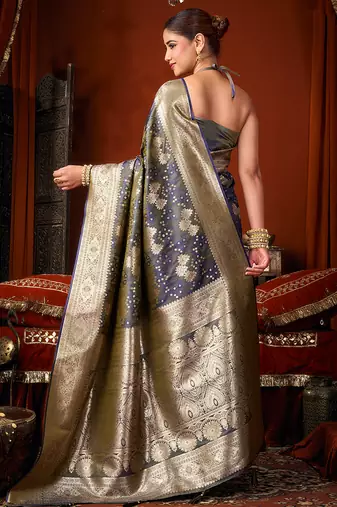 Dark grey jacquard silk blend saree with zari floral weave