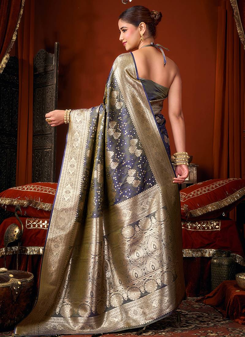 Dark grey jacquard silk blend saree with zari floral weave