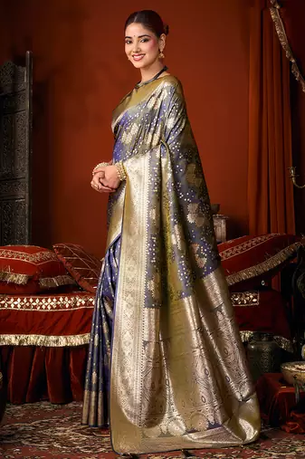 Dark grey jacquard silk blend saree with zari floral weave