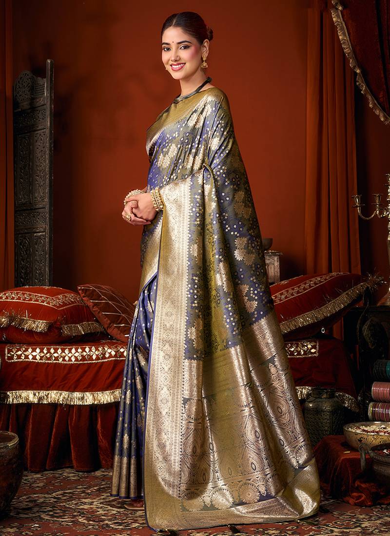 Dark grey jacquard silk blend saree with zari floral weave