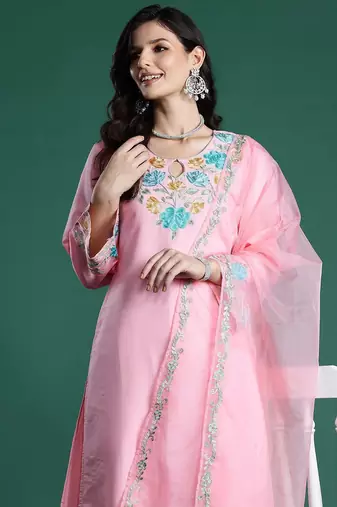 Floral Embroidered Thread Work Kurta With Trousers & Dupatta