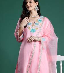 Floral Embroidered Thread Work Kurta With Trousers & Dupatta