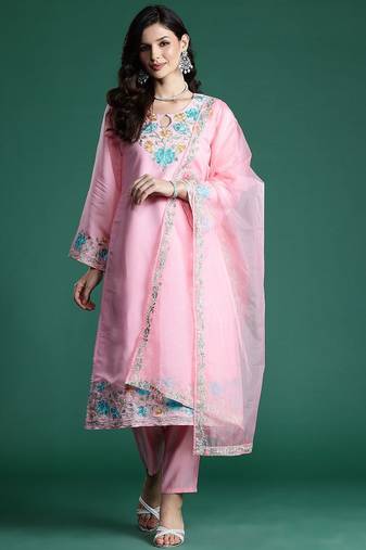 Floral Embroidered Thread Work Kurta With Trousers & Dupatta