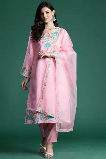 Floral Embroidered Thread Work Kurta With Trousers & Dupatta