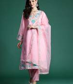 Floral Embroidered Thread Work Kurta With Trousers & Dupatta