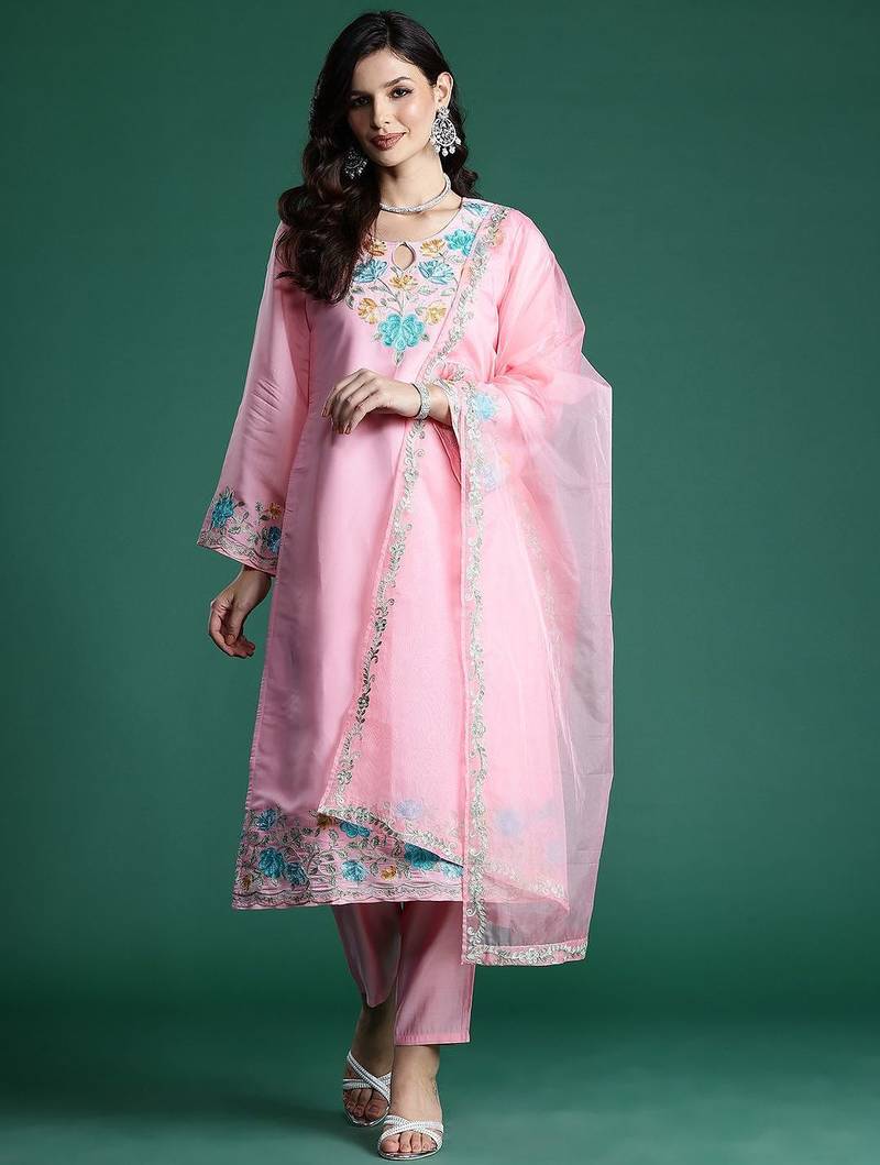 Floral Embroidered Thread Work Kurta With Trousers & Dupatta