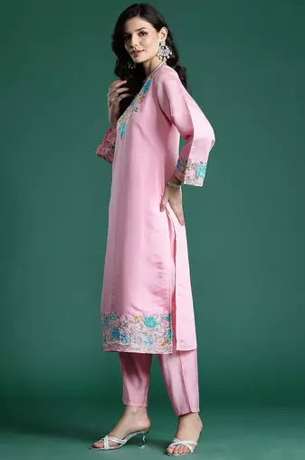 Floral Embroidered Thread Work Kurta With Trousers & Dupatta