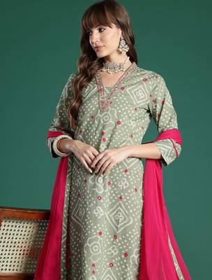 Bandhani Printed Thread Work Pure Cotton Kurta with Trousers & With Dupatta 2