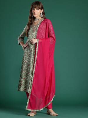 Bandhani Printed Thread Work Pure Cotton Kurta with Trousers & With Dupatta 1