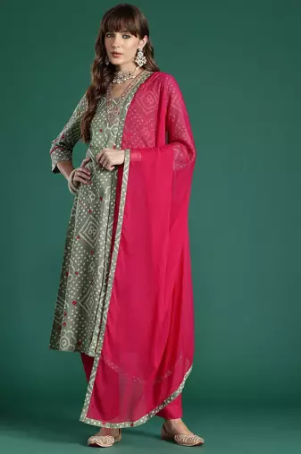 Bandhani Printed Thread Work Pure Cotton Kurta with Trousers & With Dupatta
