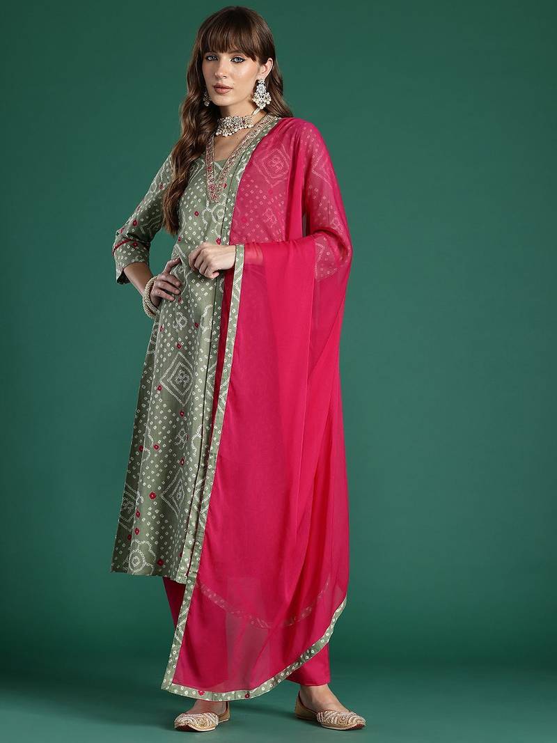 Bandhani Printed Thread Work Pure Cotton Kurta with Trousers & With Dupatta