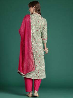 Bandhani Printed Thread Work Pure Cotton Kurta with Trousers & With Dupatta 7