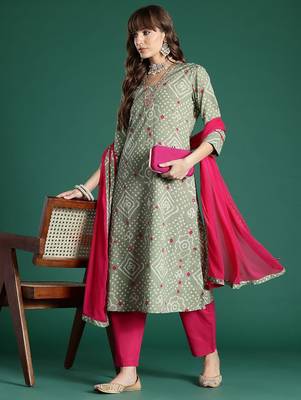 Bandhani Printed Thread Work Pure Cotton Kurta with Trousers & With Dupatta 8