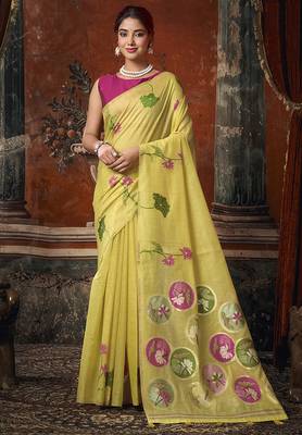 Lemon yellow cotton blend floral printed saree with multicolor floral motifs 1
