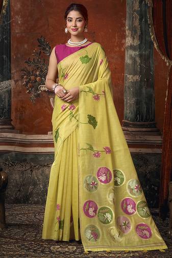 Lemon yellow cotton blend floral printed saree with multicolor floral motifs