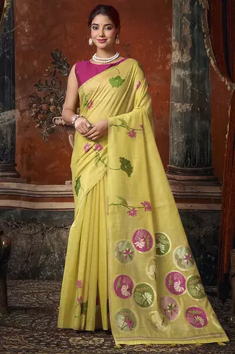 Lemon yellow cotton blend floral printed saree with multicolor floral motifs