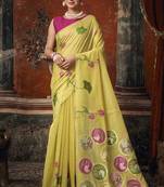 Lemon yellow cotton blend floral printed saree with multicolor floral motifs