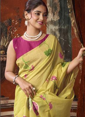 Lemon yellow cotton blend floral printed saree with multicolor floral motifs 2