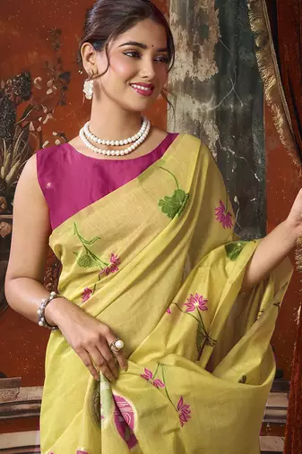 Lemon yellow cotton blend floral printed saree with multicolor floral motifs