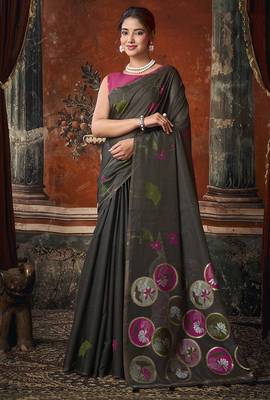 Black cotton blend floral printed saree with multicolor floral motifs 1