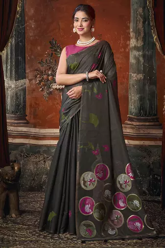 Black cotton blend floral printed saree with multicolor floral motifs