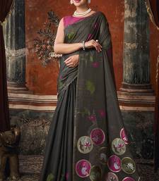Black cotton blend floral printed saree with multicolor floral motifs