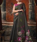 Black cotton blend floral printed saree with multicolor floral motifs