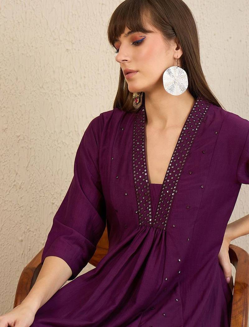 Embroidered Panelled Sequinned A-Line Kurta with Trousers