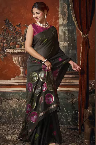Black cotton blend floral printed saree with multicolor floral motifs