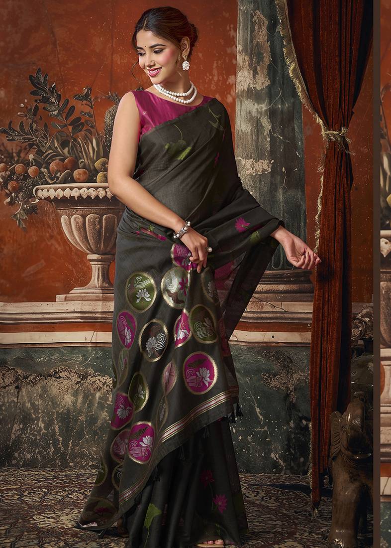 Black cotton blend floral printed saree with multicolor floral motifs
