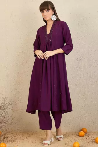 Embroidered Panelled Sequinned A-Line Kurta with Trousers
