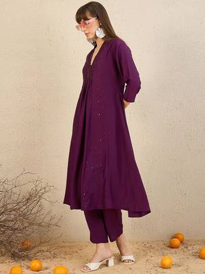 Embroidered Panelled Sequinned A-Line Kurta with Trousers 4